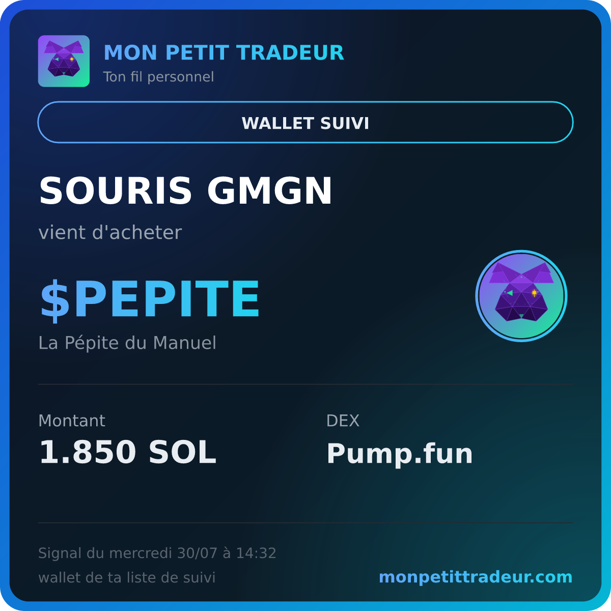 Alerte wallet suivi Mon Petit Tradeur : SOURIS GMGN vient d'acheter $PEPITE pour 1,85 SOL sur Pump.fun